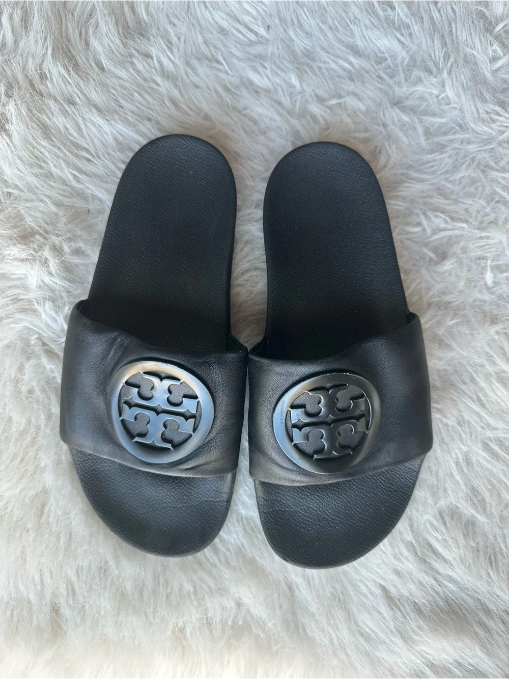 Tory Burch women’s Black Leather double T Logo Lina Slide Sandals 7